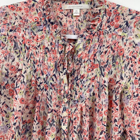 LC Lauren Conrad Button Front Floral Print Tie Front Roll-Up Sleeve Blouse - Picture 3 of 9